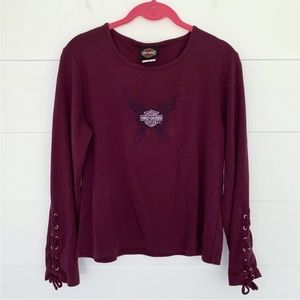 Vintage Harley Davidson Logo Embroidered Lace Up Long Sleeves Top Large